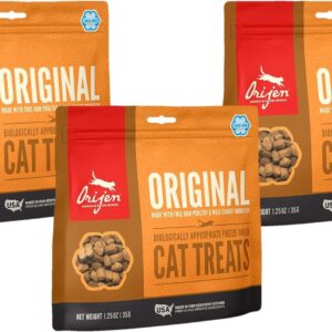 ORIJEN 3 Pack of Original Cat Treats, 1.25 Ounces Each, Freeze-Dried, Grain-Free, Made in The USA