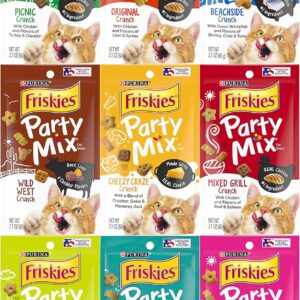 Friskies Party Mix Crunch Variety Pack (9 Flavors) - Wild West, Morning Munch, Mixed Grill, Picnic, Beachside, Cheezy Craze, Original, California Dreamin', and Meow Luau